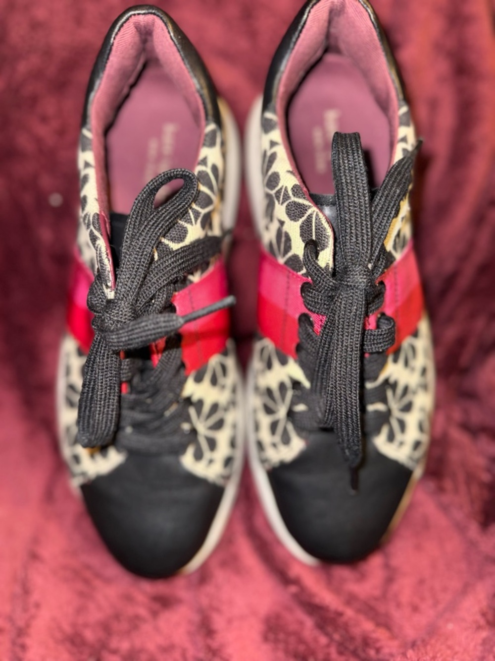kate spade Black & Cream Floral Sneakers with Pink and Red Stripe - Picture 2 of 5